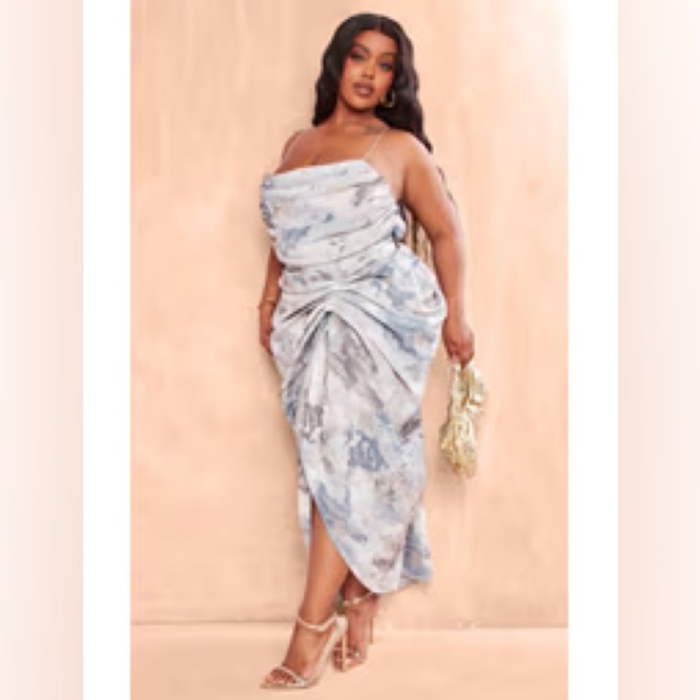 Pretty Little Thing Elegant Draped Gray Abstract Chiffon Midi Dress Prom Formal